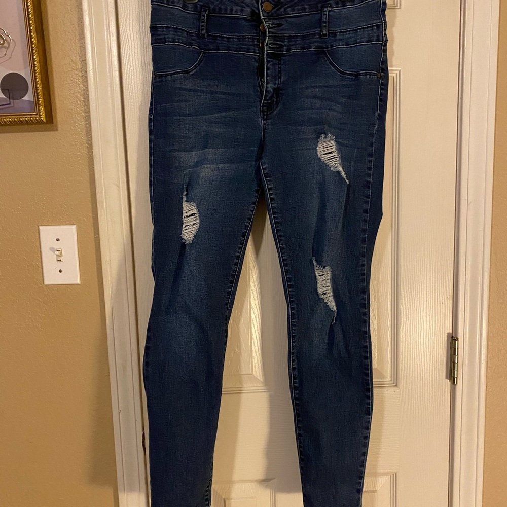Refuge Dark Blue Distressed Skinny Jeans